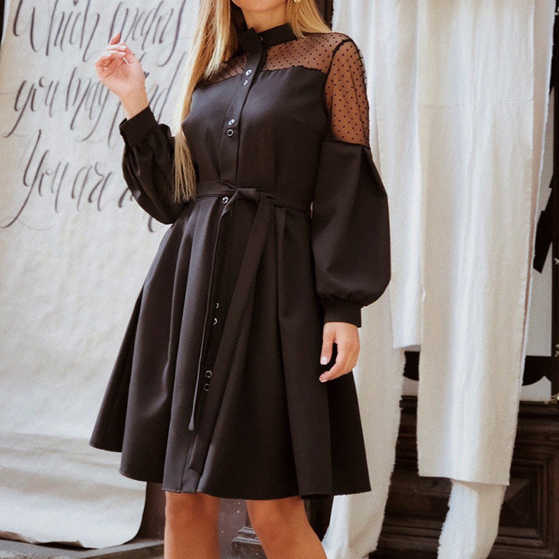 Collar Lantern Sleeve Belted Dress