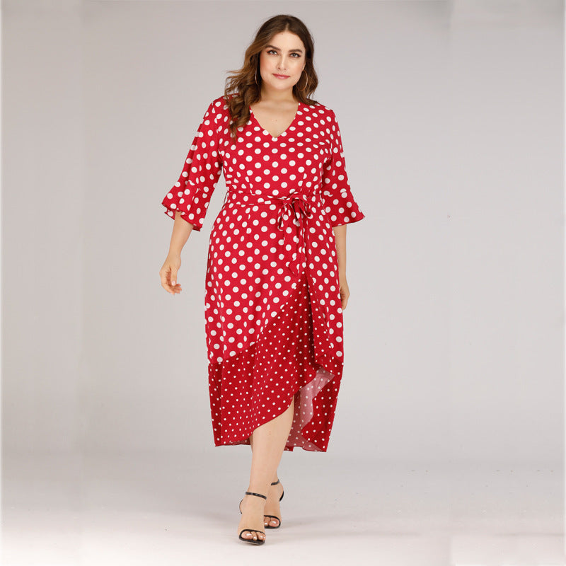 Plus size V-neck lace ruffled polka dot dress