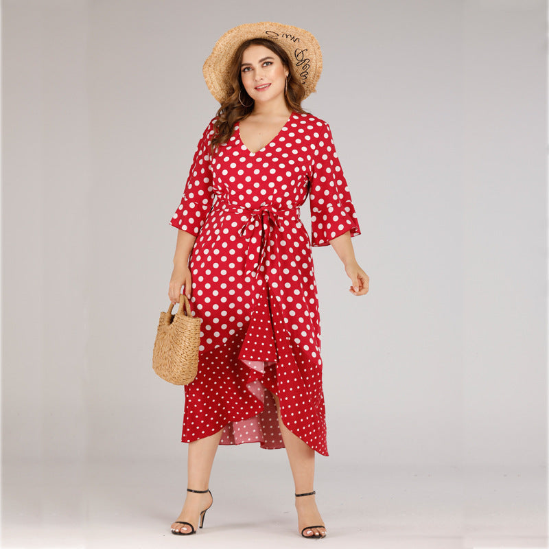 Plus size V-neck lace ruffled polka dot dress