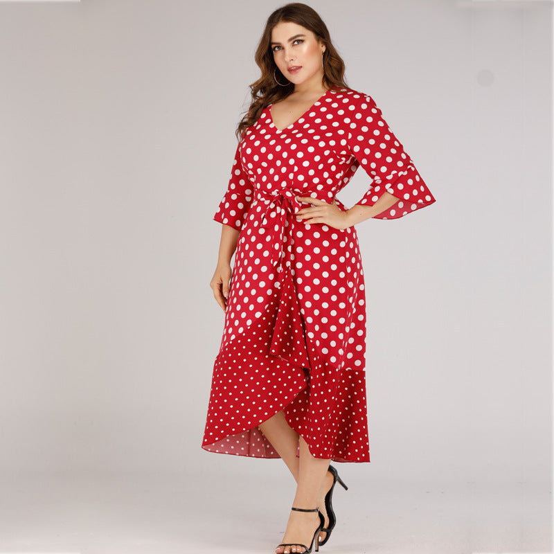 Plus size V-neck lace ruffled polka dot dress