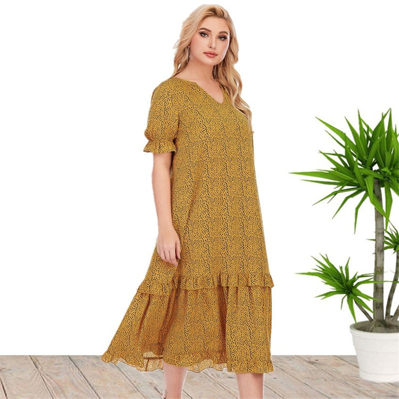 V-neck Short-sleeved Print Loose-fitting Dress