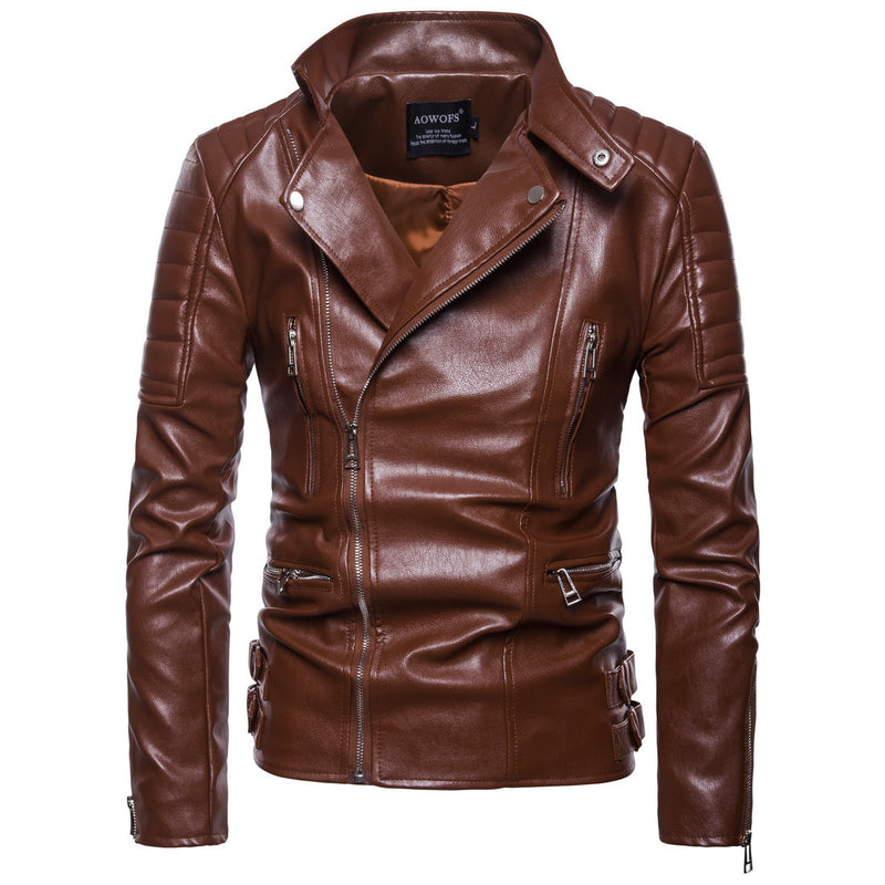 Lapel Zip Cardigan Fitted Leather Jacket