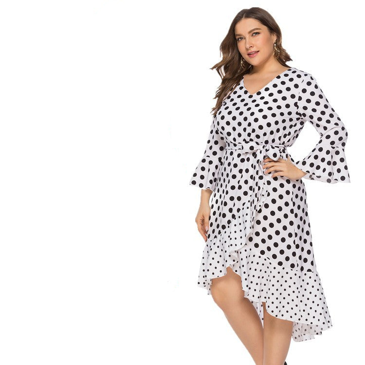 Plus size V-neck lace ruffled polka dot dress