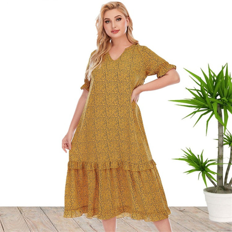 V-neck Short-sleeved Print Loose-fitting Dress