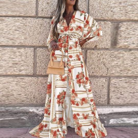 V-neck short sleeve printed long dress